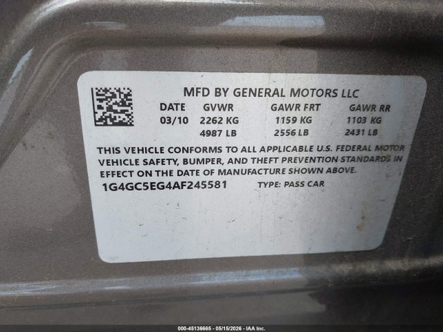 Продаж на аукціоні авто 2010 Buick Lacrosse Cxl, vin: 1G4GC5EG4AF245581, номер лоту: 45136665