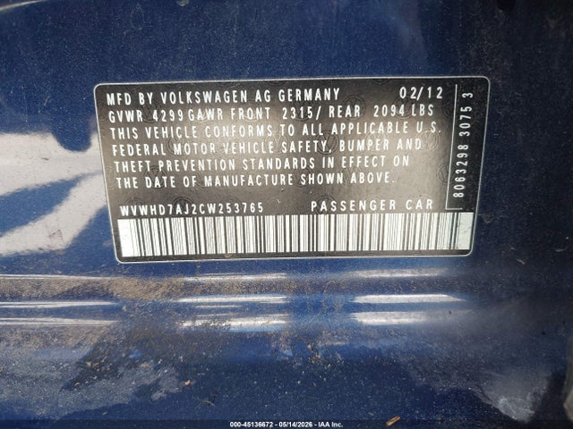 2012 Volkswagen Gti 4-door მანქანა იყიდება აუქციონზე, vin: WVWHD7AJ2CW253765, აუქციონის ნომერი: 45136672