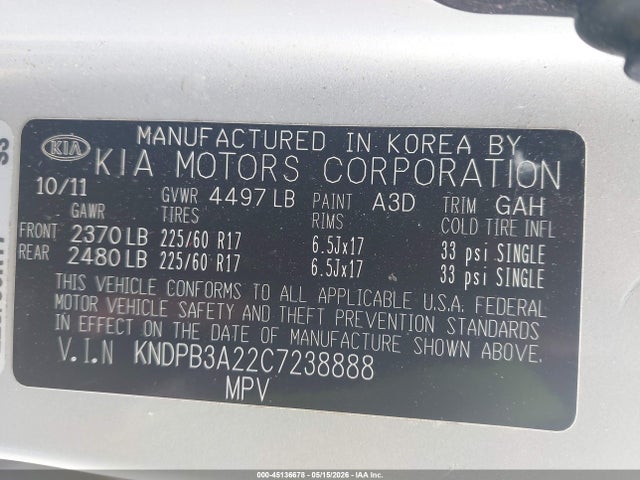 45136678 :رقم المزاد ، KNDPB3A22C7238888 vin ، 2012 Kia Sportage Lx مزاد بيع