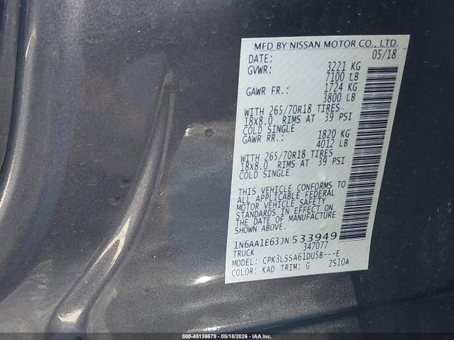 1N6AA1E63JN533949 Nissan TITAN SV