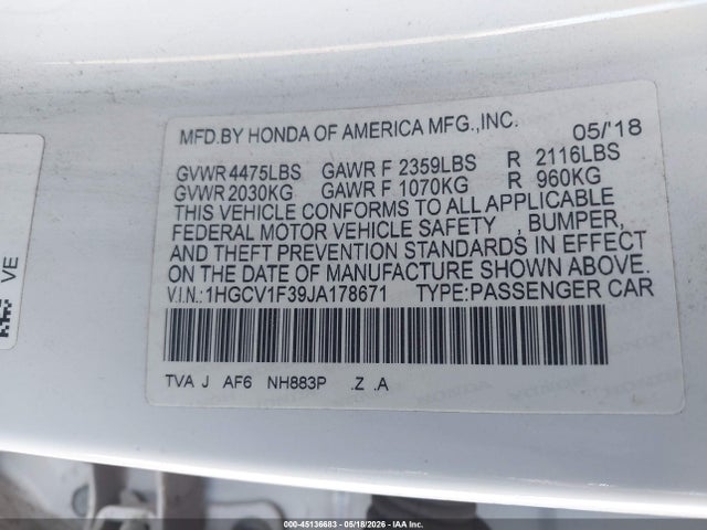 Aukcja sprzedaży 2018 Honda Accord Sport, vin: 1HGCV1F39JA178671, numer aukcji: 45136683