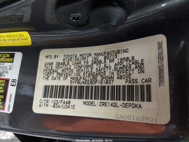 Aukcja sprzedaży 2013 Toyota Corolla L, vin: 5YFBU4EE8DP161037, numer aukcji: 45136684