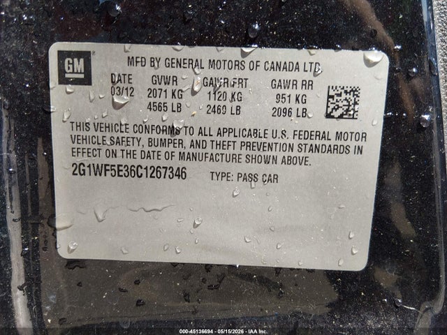 45136694 :رقم المزاد ، 2G1WF5E36C1267346 vin ، 2012 Chevrolet Impala Ls مزاد بيع