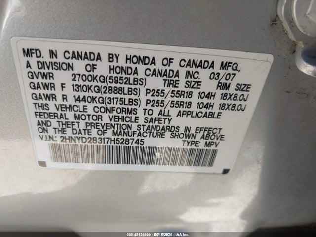Продаж на аукціоні авто 2007 Acura Mdx Technology Package, vin: 2HNYD28317H528745, номер лоту: 45136699