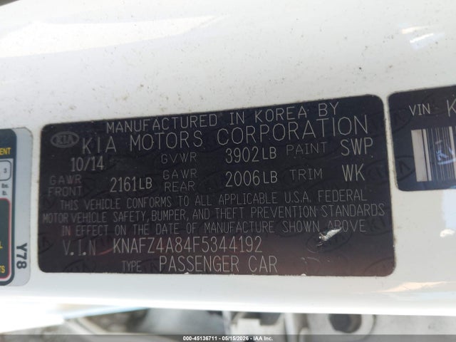 Продажа на аукционе авто 2015 Kia Forte Ex, vin: KNAFZ4A84F5344192, номер лота: 45136711