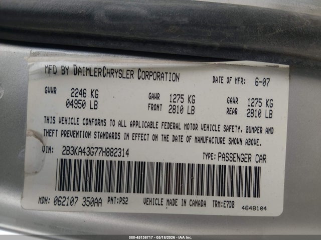 Продаж на аукціоні авто 2007 Dodge Charger, vin: 2B3KA43G77H882314, номер лоту: 45136717