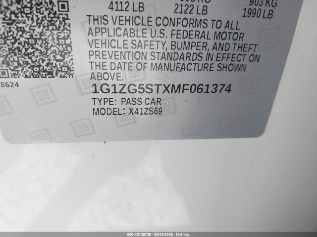 Продаж на аукціоні авто 2021 Chevrolet Malibu Fwd Rs, vin: 1G1ZG5STXMF061374, номер лоту: 45136726
