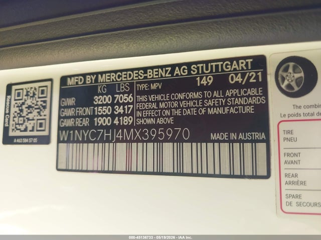 45136733 :رقم المزاد ، W1NYC7HJ4MX395970 vin ، 2021 Mercedes-benz Amg G 63 4matic مزاد بيع