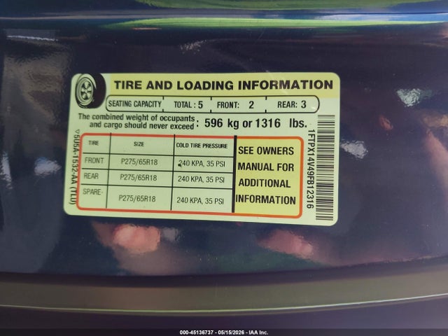 45136737 :رقم المزاد ، 1FTPX14V49FB12316 vin ، 2009 Ford F-150 Fx4/lariat/xl/xlt مزاد بيع