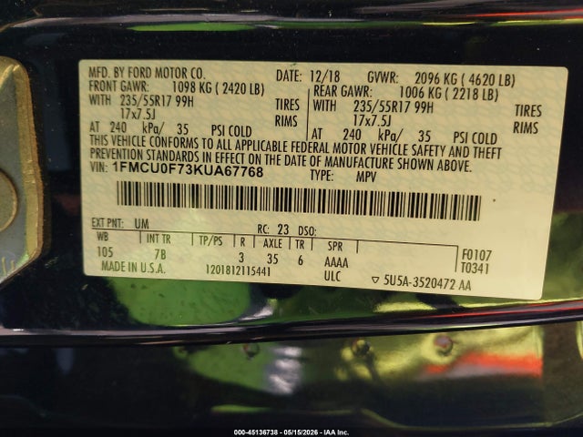 Продажа на аукционе авто 2019 Ford Escape S, vin: 1FMCU0F73KUA67768, номер лота: 45136738
