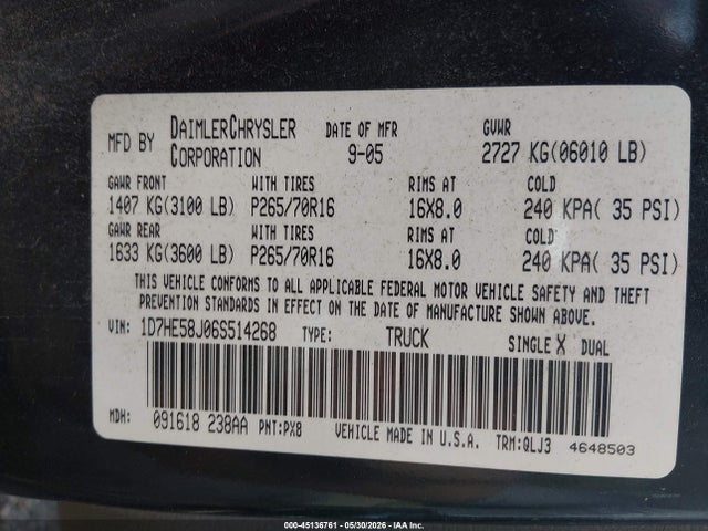 Продажа на аукционе авто 2006 Dodge Dakota Laramie, vin: 1D7HE58J06S514268, номер лота: 45136761
