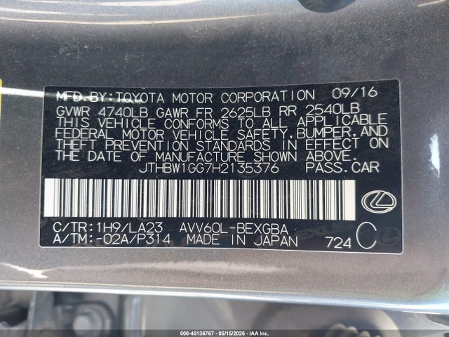 Продаж на аукціоні авто 2017 Lexus Es 300h, vin: JTHBW1GG7H2135376, номер лоту: 45136767