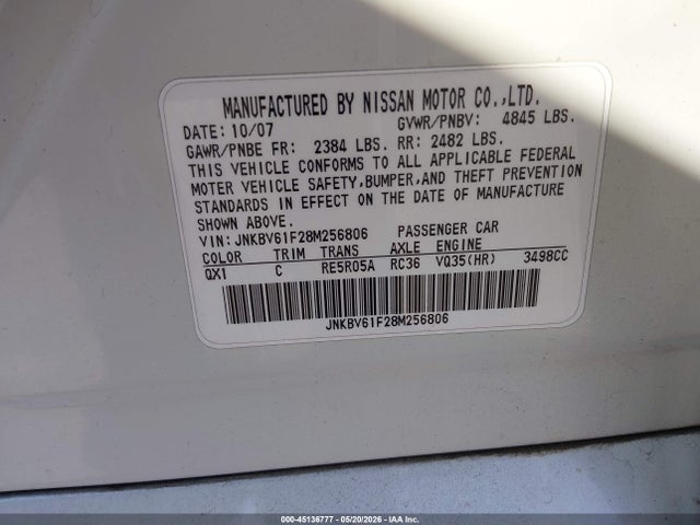 45136777 :رقم المزاد ، JNKBV61F28M256806 vin ، 2008 Infiniti G35x مزاد بيع