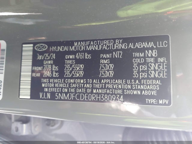 2024 Hyundai Tucson Sel მანქანა იყიდება აუქციონზე, vin: 5NMJFCDE0RH380934, აუქციონის ნომერი: 45136794
