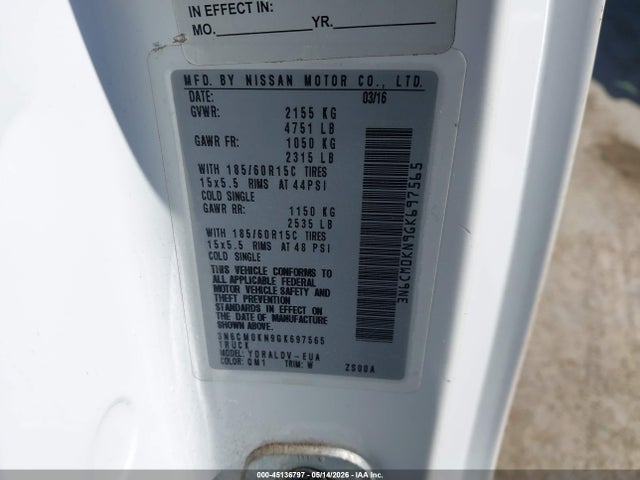 2016 Nissan Nv200 S მანქანა იყიდება აუქციონზე, vin: 3N6CM0KN9GK697565, აუქციონის ნომერი: 45136797