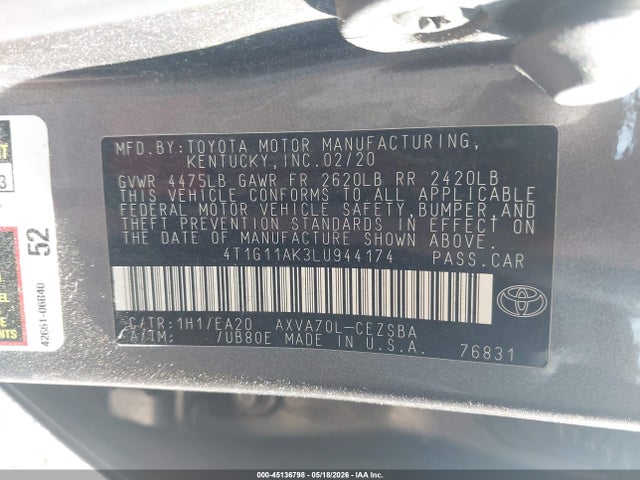 45136798 :رقم المزاد ، 4T1G11AK3LU944174 vin ، 2020 Toyota Camry Se مزاد بيع