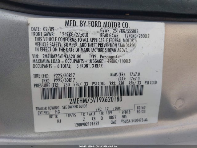 Aukcja sprzedaży 2009 Mercury Grand Marquis Ls (fleet Only), vin: 2MEHM75V19X620180, numer aukcji: 45136806
