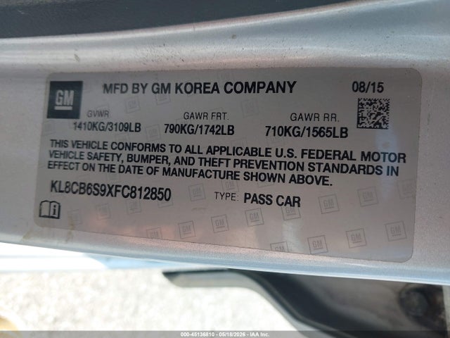 45136810 :رقم المزاد ، KL8CB6S9XFC812850 vin ، 2015 Chevrolet Spark Ls Cvt مزاد بيع