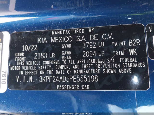 2023 Kia Forte Lxs მანქანა იყიდება აუქციონზე, vin: 3KPF24AD5PE555198, აუქციონის ნომერი: 45136812