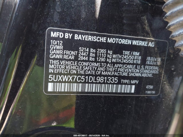 2013 Bmw X3 Xdrive35i მანქანა იყიდება აუქციონზე, vin: 5UXWX7C51DL981335, აუქციონის ნომერი: 45136817