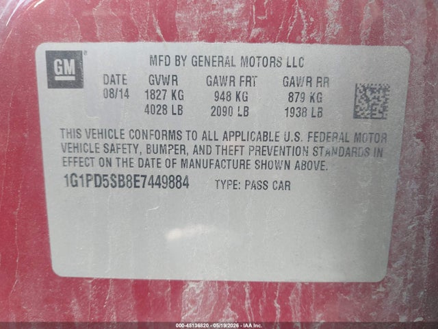 Продаж на аукціоні авто 2014 Chevrolet Cruze 1lt Manual, vin: 1G1PD5SB8E7449884, номер лоту: 45136820