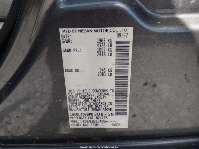 Продажа на аукционе авто 2023 Nissan Altima Sv Fwd, vin: 1N4BL4DV8PN308758, номер лота: 45136822