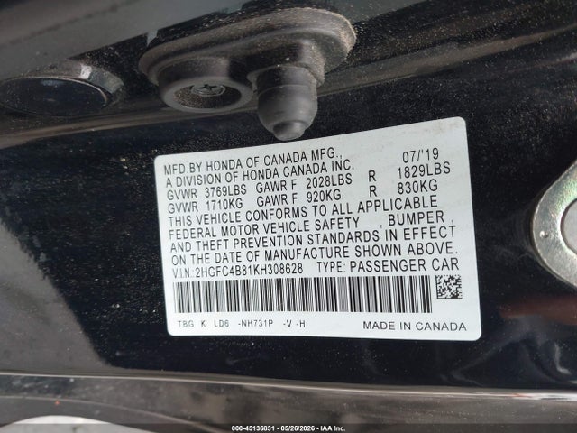 45136831 :رقم المزاد ، 2HGFC4B81KH308628 vin ، 2019 Honda Civic Sport مزاد بيع