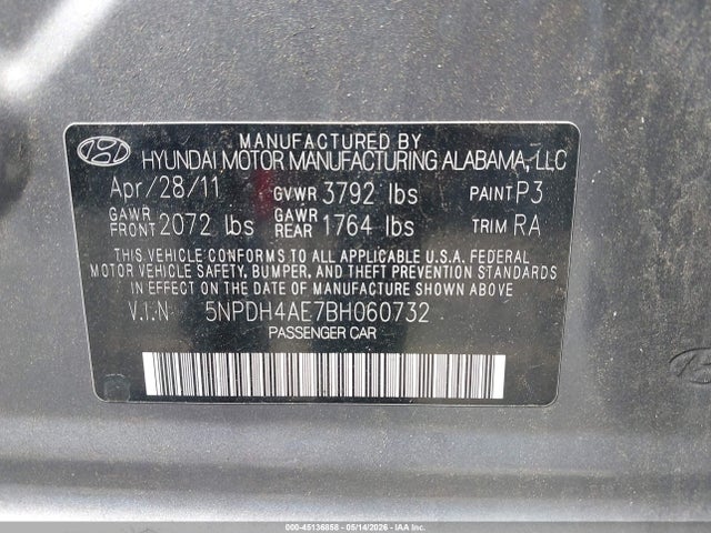 2011 Hyundai Elantra Gls მანქანა იყიდება აუქციონზე, vin: 5NPDH4AE7BH060732, აუქციონის ნომერი: 45136858