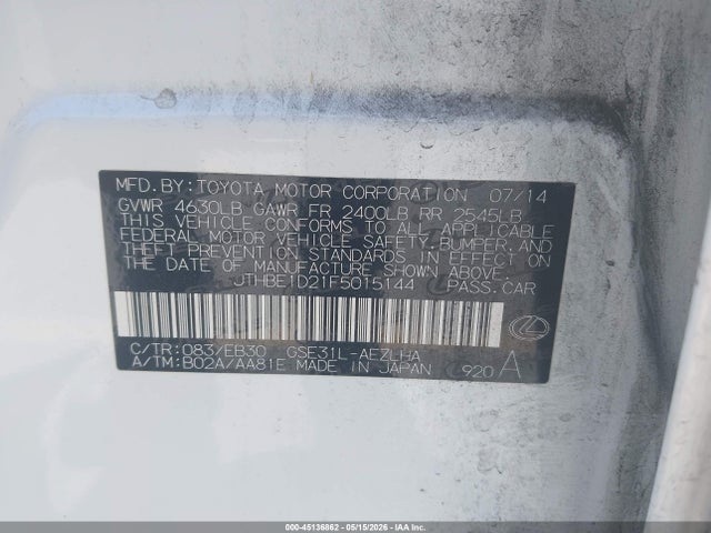 Продаж на аукціоні авто 2015 Lexus Is 350, vin: JTHBE1D21F5015144, номер лоту: 45136862