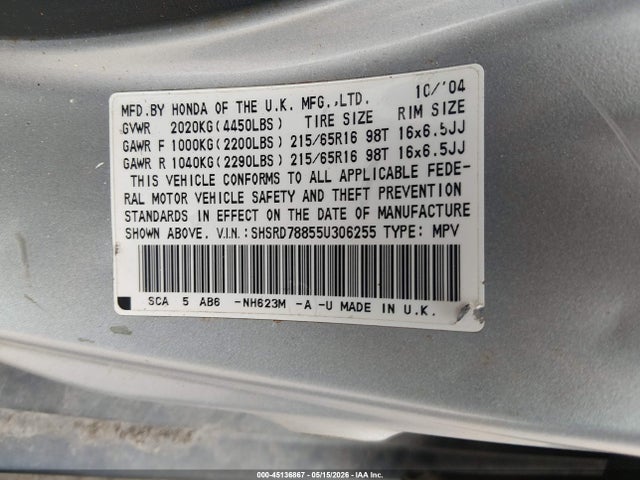 45136867 :رقم المزاد ، SHSRD78855U306255 vin ، 2005 Honda Cr-v Ex مزاد بيع