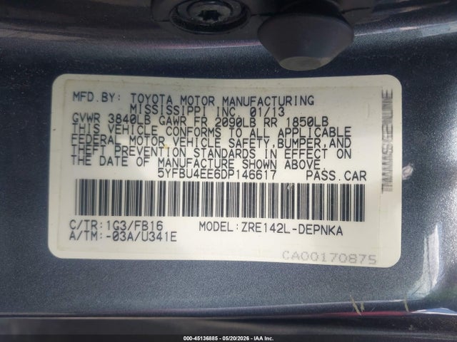 Aukcja sprzedaży 2013 Toyota Corolla Le, vin: 5YFBU4EE6DP146617, numer aukcji: 45136885