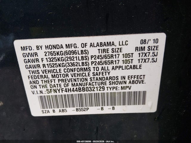 Продажа на аукционе авто 2011 Honda Pilot Ex, vin: 5FNYF4H44BB032129, номер лота: 45136896