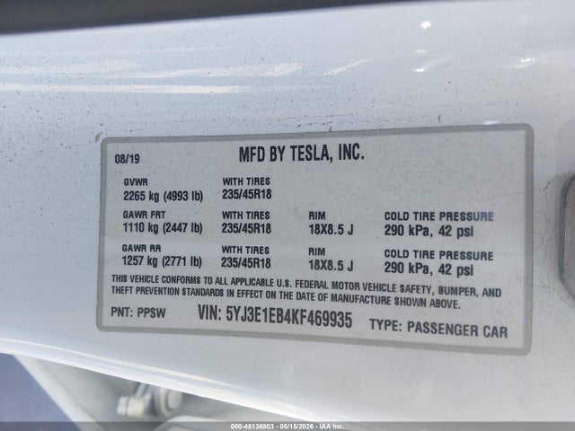 Aukcja sprzedaży 2019 Tesla Model 3 Long Range/performance, vin: 5YJ3E1EB4KF469935, numer aukcji: 45136903