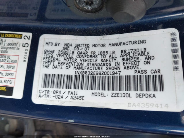 Продажа на аукционе авто 2008 Toyota Corolla Ce, vin: 1NXBR32E98Z001947, номер лота: 45136904