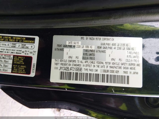 2015 Mazda Mazda5 Sport მანქანა იყიდება აუქციონზე, vin: JM1CW2BL4F0189596, აუქციონის ნომერი: 45136910