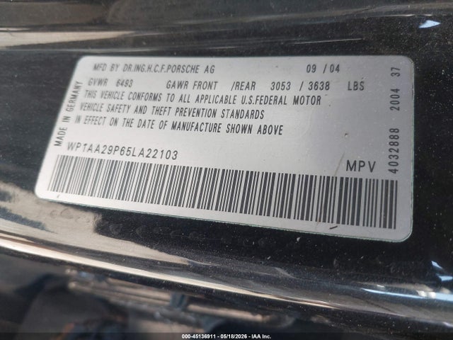 2005 Porsche Cayenne მანქანა იყიდება აუქციონზე, vin: WP1AA29P65LA22103, აუქციონის ნომერი: 45136911