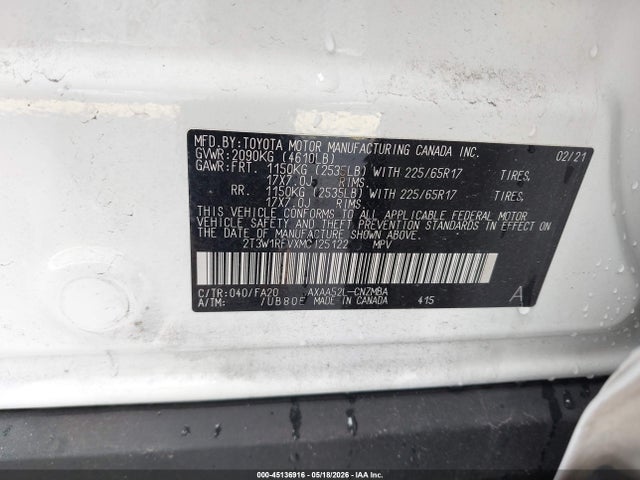 45136916 :رقم المزاد ، 2T3W1RFVXMC125122 vin ، 2021 Toyota Rav4 Xle مزاد بيع