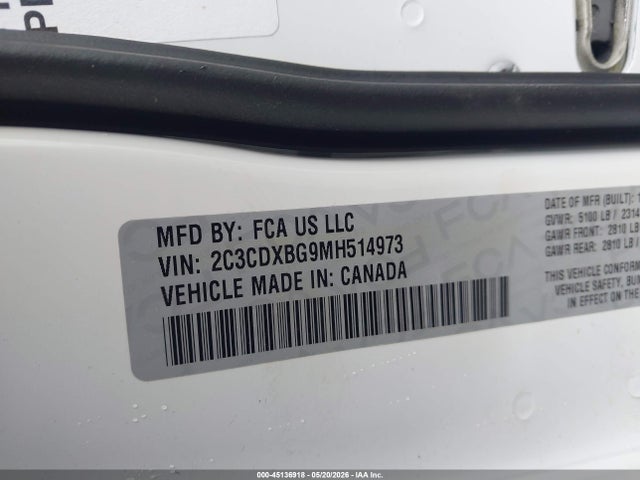 45136918 :رقم المزاد ، 2C3CDXBG9MH514973 vin ، 2021 Dodge Charger Sxt Rwd مزاد بيع