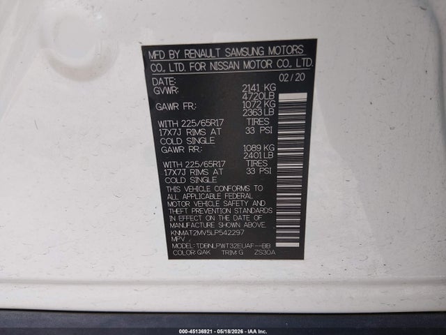 2020 Nissan Rogue S Intelligent Awd მანქანა იყიდება აუქციონზე, vin: KNMAT2MV5LP542297, აუქციონის ნომერი: 45136921