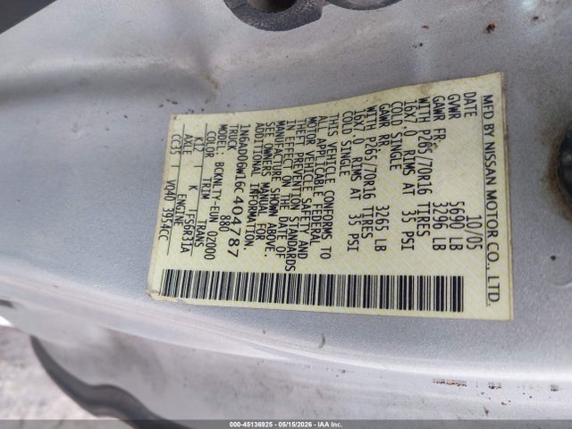 Aukcja sprzedaży 2006 Nissan Frontier Se, vin: 1N6AD06W16C404787, numer aukcji: 45136925