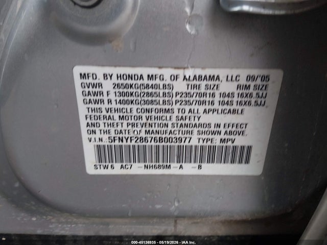 Продажа на аукционе авто 2006 Honda Pilot Ex-l, vin: 5FNYF28676B003977, номер лота: 45136935