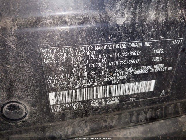 2021 Toyota Rav4 Hybrid Xle მანქანა იყიდება აუქციონზე, vin: 2T3RWRFV2MW128254, აუქციონის ნომერი: 45136938