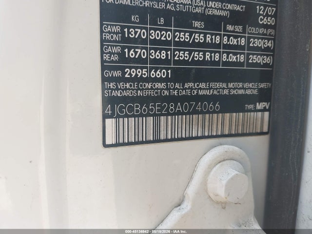 45136942 :رقم المزاد ، 4JGCB65E28A074066 vin ، 2008 Mercedes-benz R 350 4matic مزاد بيع