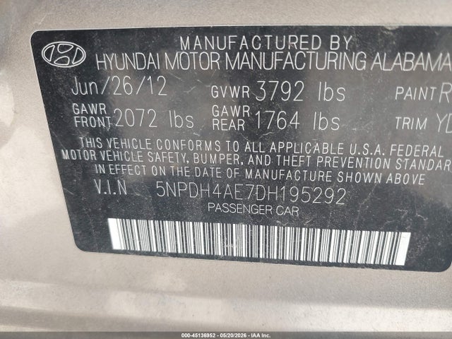 2013 Hyundai Elantra Gls/limited მანქანა იყიდება აუქციონზე, vin: 5NPDH4AE7DH195292, აუქციონის ნომერი: 45136952