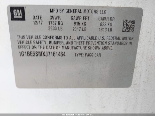 Aukcja sprzedaży 2018 Chevrolet Cruze Lt, vin: 1G1BE5SMXJ7161464, numer aukcji: 45136954