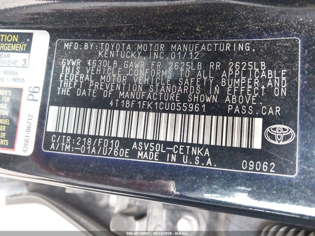 Продаж на аукціоні авто 2012 Toyota Camry Se/le/xle, vin: 4T1BF1FK1CU055961, номер лоту: 45136957