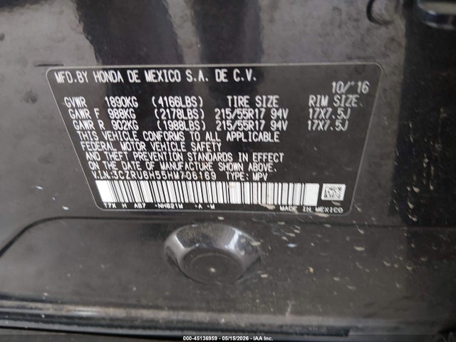 Продаж на аукціоні авто 2017 Honda Hr-v Ex, vin: 3CZRU6H55HM706169, номер лоту: 45136959
