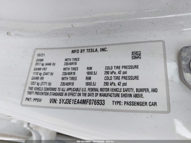Tesla Model 3 Standard Range Plus Rear-wheel Drive 2021 5YJ3E1EA4MF076933 Image 9