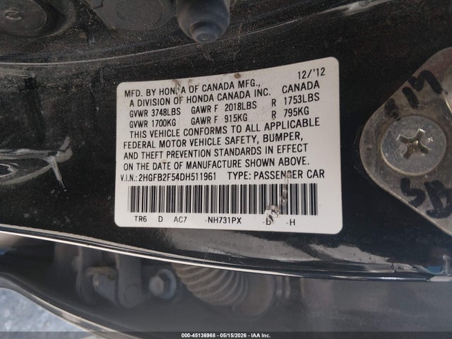 2013 Honda Civic Lx მანქანა იყიდება აუქციონზე, vin: 2HGFB2F54DH511961, აუქციონის ნომერი: 45136968