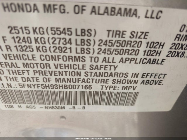 5FNYF5H93HB007166 Honda Pilot Touring